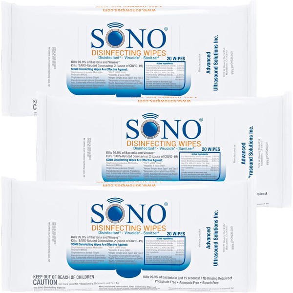 SONO Healthcare - Medical-Grade, Alcohol-Free, Travel Disinfectant Wipes for Schools, Airplanes, Cars, on-The-go- 3 Pack, 20ct.