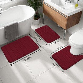 AINAHYVA Memory Foam Bathroom Rugs Sets 3 Piece, Extra Soft Absorbent Non Slip Bath mat Set, with U-Shaped Toilet Rug, Machine Washable, Antiskid Bath Rugs for Bathroom, Shower and Tub, Burgundy