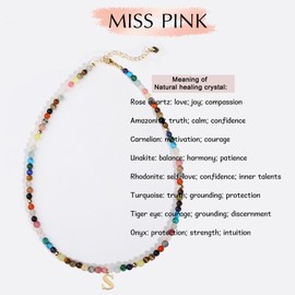 Miss Pink Colorful Beaded Necklaces for Women, O Initial Necklaces Natural Healing Crystal Gemstone Boho Y2K Necklaces Jewelry Bead Choker Pendent Rainbow Summer Beachy Small Beads Necklace Gift (O)