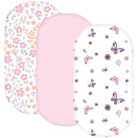 Little Grape Land Bassinet Sheet, 3 Pack Bassinet Sheets for Baby Boys Girls, Soft Baby Bassinet Fitted Sheets for Bassinet Mattress, Size 33 x 18 x 4 Inches, Floral/Pink/Butterfly