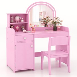 HONEY JOY Kids Vanity with Lights, Little Girls Vanity Set with Mirror and Stool and Lights, Wooden Princess Makeup Dressing Table, Storage Cabinet, Pretend Play Kids Vanity Table and Chair Set(Pink)