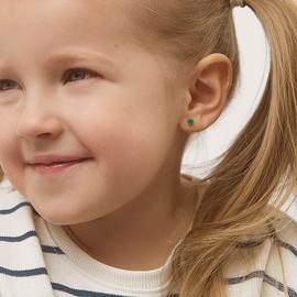 arete de tuerca redondos de oro amarillo de 14 quilates de 4 mm con piedra natal de imitación para niñas, pequeños aretes de tuerca para niños con cierre de rosca de seguridad, Metal, Circonia cúbica