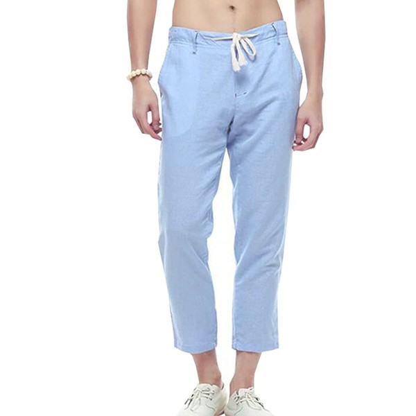 Pantalones capri de lino para hombre, estilo casual con cordón, Azul claro, Large