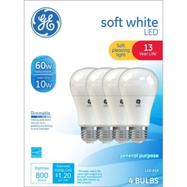 GE 67615 LED Soft White A19 Dimmable Light Bulb, 10 W, 4/Pack