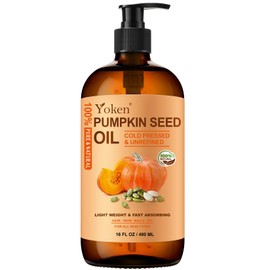 Yoken Cold-Pressed Pumpkin Seed Oil for Hair, Glass Bottle, 100% Pure & Natural Carrier, Massage Oils, Unrefined, 16 Fl Oz with Pump, Pumpkin Oil for Skin, Face, Nails, Body Moisturizer, Hexane-Free