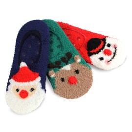 Cute 3D Popup Little Kids Christmas Footie Liner Fuzzy Slipper Socks 3-Pairs with Non-Slip Skid Santa Deer Snowman (9-10Years)