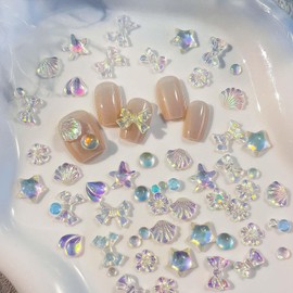 30pcs Aurora Nail Art Charms - Cute Bow Tie Design Nail Gems 3D Resin Nail Accessories Summer Star Shell Starfish Bubble Flower Nail Rhinestone Charms Aurora Gradient Nail Supplies for Manicure Decor