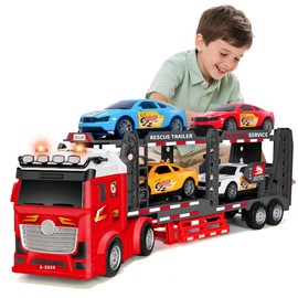 BainGesk Truck Toys Car for 3, 4, 5, 6, 8 Years Old Boys Girls, Adjustable Double Decker Car Carrier Truck with Light & Sound, Car Hauler with Trailer Toy, Large Semi Transport Toy Gifts for Toddler