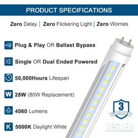 JESLED 4FT LED T8 Type A+B Tube Lights, 28W(80W Equivalent), 4060LM, 5000K, Single or Double End Powered, Plug and Play or Ballast Bypass, 4 Foot T10 T12 Fluorescent Bulbs Replacement, Clear(4-Pack)