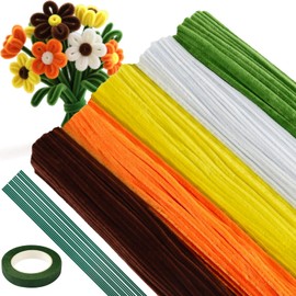 ASTARON 521 Pcs Pipe Cleaners Craft Set, 5 Colors Pipe Cleaners Bulk Pastel Chenille Stems for Craft Pipe Cleaner Flowers Making Kit with Floral Wires, Gardening Tape(Orange Yellow Brown)