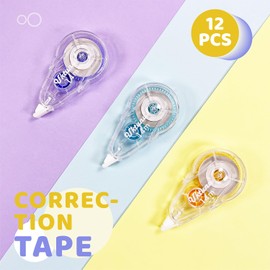 Uktunu White Out Correction Tape Easy to Use Applicator for Instant Corrections Tear-Resistant Tape Office or School Supplies, Note Taking, Marking, Crafting (Pack of 12, 14M*5mm)