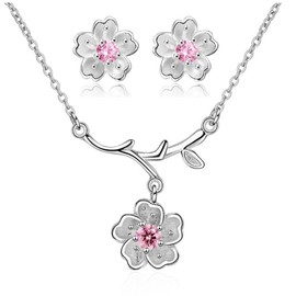 Uloveido Pink Little Cherry Flower Bridal Earrings and Pendant Necklace Set for Girls Women Sakura Wedding Jewellery Set DT340