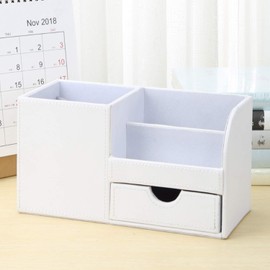 KINGFOM Desk Organiser Tidy Caddy Leather Pen Pencil Pots Holder Stationery Storage Office Desktop Supplies Organisers with Drawer White
