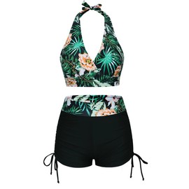 Bikini Sets for Women UK, Soft Bikini Top & High-Waisted Bikini Boyshorts Tummy Control Swimsuits Swimming Costume Padded Floral Swimwear Soft Bathing Suits for Beach