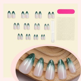 24pcs Press on Nails Almond - Long False Nails French Tip - Dark Green Fake nails with Glue - Elegant Stick on Nails for Women - Strong Nail Tips and Glue Long Lasting for DIY French Manicure