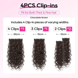 LunarCharm 4-teiliges lockige Haarverlängerungen, 40 cm Clip-in-Haarverlängerungen, kurze lockige Haarverlängerungen, unsichtbare natürliche Haarteile für Frauen, Schwarz Braun