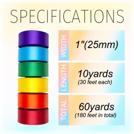 Mlurcu Rainbow Satin Ribbon 1 Inch Wide Colorful Ribbon Bulk Ribbon Rolls Assorted Solid Color Double Faced Satin Ribbon for Crafts Gift Wrapping Wedding Flower Bouquet Invitation Hair Bows - 60Yds