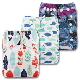 Littles & Bloomz, Reusable Pocket Cloth Nappy, Fastener: Popper, Set of 3, Patterns 310, with 3 Bamboo Charcoal Inserts