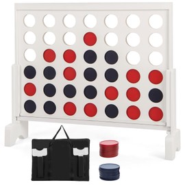 COSTWAY 4-to-Score Game, 4-in-a-Row Game Set with 42 PCS Jumbo Rings & 600D Oxford Fabric Carrying Bag, One-Hand Release Lever, Wooden Line-up-4 Game for Camping, Parties & Gatherings (White)