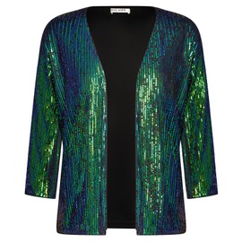GRACE KARIN Women's Business Casual Cropped Sequin Cardigan Open 3/4 Sleeve Short Lightweight Jacket Coat Cardigan Cardigan, Teal Iridescent