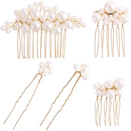 5 PCS Gold Wedding Hair Pins Accessories Set, Bridal Prom Hair Combs and Pins with Pearls, Gold Wedding Bridal Hair Combs Pearl Jewelry Accessories for Weddings, Proms