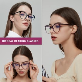 LKEYE Bifocal Reading Glasses Women Blue Light Blocking Progressive Readers CatEye Round Frame Clear Top Stylish Oversized Ladies Fashion Large Designer Eyeglasses Purple 2 pack +2.25 X LK6017