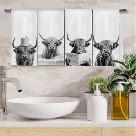 ChenCraty Funny Highland Cow Bathroom Hand Towels Set of 4, Farmhouse Bathroom Decor, Highland Cow Gifts Decorative Hand Towels for Bath Room Washroom Decor, 16x24 Inches