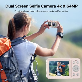 Digital Camera, 4K 64MP Dual Screens Camera, 18X Zoom, Point and Shoot Digital Cameras with Battery & 32GB TF Card, Portable Rechargeable Small Camera for Kids Teens Adult Beginner, Black