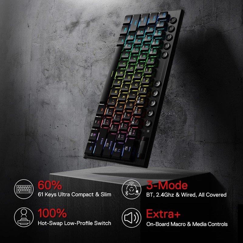 Redragon K632 Pro Teclado mecánico RGB Bluetooth/2.4Ghz/Alambrico, Ultra Low Profile,