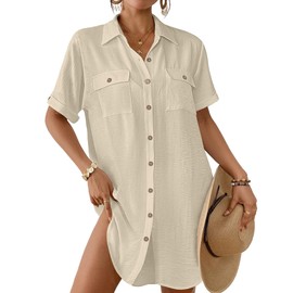 Bsubseach Women Swimsuit Coverup Button Down Bathing Suit Cover Up for Swimwear Summer Beach Shirt Dresses Resort Wear Apricot M