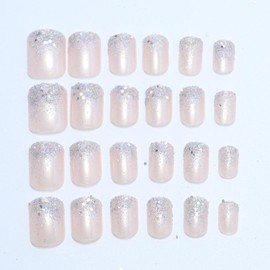 Press on Nails Short Square Fake Nails Glitter Sequins Acrylic Nails Glossy Light Pink Glue on Nails Cute False Nails Translucent Stick on Nails for Women Girls 24 Pcs
