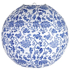 Paper Lampshade Hanging Light Shade 30cm, Oriental Ribbed Japanese Ceiling Fixture with Cherry Blossom & Floral Patterns, Perfect for Home Lighting, Wedding,Party & Boho Decor (Blue Porcaline Flower)