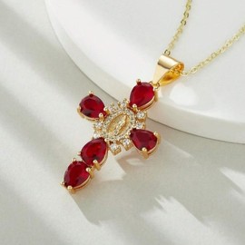 FREEKISS TEWIKY Unique Elegant virgin mary Cross Pendant Necklace Adjustable Size Waterproof and hypoallergenic  Necklace for women girls Church holiday gift For Christmas - Color: RED