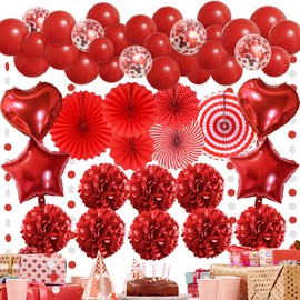 Premium Rot Partydeko - Papier Fächer, Pompons, Luftballon, Party Deko für Frauen, Hochzeit Party Deko, Geburtstag Party Deko, Happy Birthday Dekoration, Valentinstag Deko, Weihnachtsdekoration