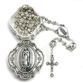 Catholic Rosary Beads with Metal Keepsake Gift Box Set (Guadalupe Silver Tone)