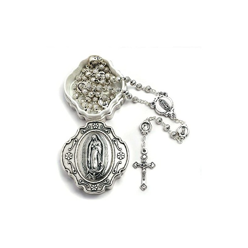 Catholic Rosary Beads with Metal Keepsake Gift Box Set (Guadalupe