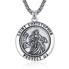AulanRose St Christopher Necklace Mens Patron Saint Necklace 925 Sterling Silver Amulet Medal Vintage Pendant Religious Protector Jewelry Gifts for Women Men