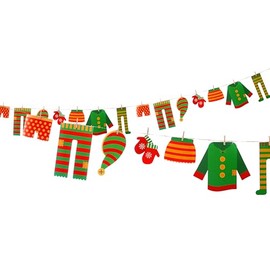 Sparkles Partyware Christmas Decoration Elf Washing Line - Cardboard Elf Clothing Items, 2.5 Metres of String and Mini Wooden Pegs - Cheeky Elves Fun Novelty Make Your Own Christmas Decoration