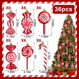 36 Pcs Christmas Candy Ornaments Hanging Glitter Candy Cane Christmas Tree Decoration Red Plastic Peppermint Lollipop Ornament with Golden Ropes for Xmas Home Party Decorations