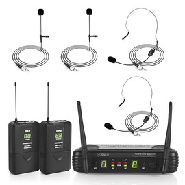 Pyle Sistema de micrófono inalámbrico de 2 canales, juego de micrófono digital UHF portátil con 2 auriculares, 2 solapas, 2 transmisores, cable de ¼ d