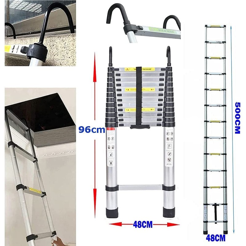 5M/16.5FT Telescoping Ladder with Detachable Hooks,Aluminum Extension Foldable Telescopic Ladder,Portable