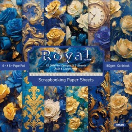 24 Sheets Vintage Dark Floral Pattern Pad 6'' x 6'' Dark Floral Scrapbook Paper Pad Blue & Gold Colored Patterned Single-Sided Decorative Craft Vintage Cardstock Paper Pack for DIY Card Making Origami
