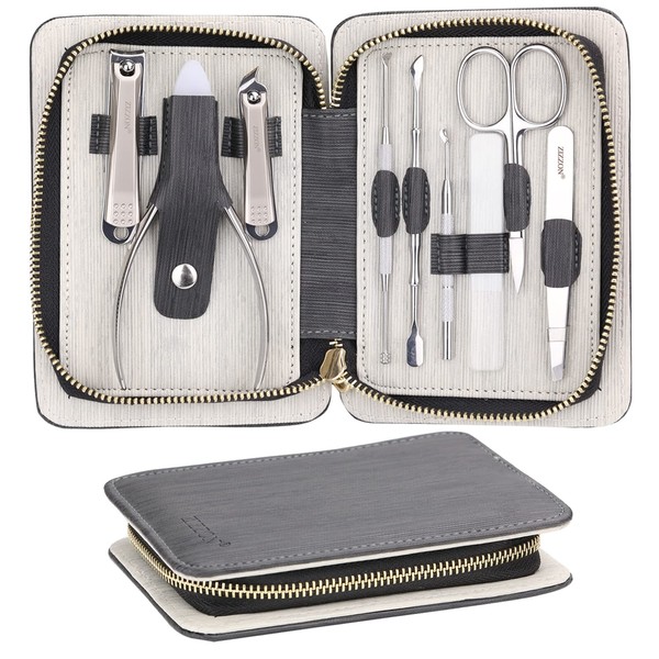 ZIZZON Manicure Set, Professional Stainless Steel Nail Clippers 9 in 1 Pedicure Grooming Kit with Travel Case (Black)