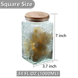 Vintage Glass Airtight Storage Jar, 34 FL OZ Glass Food Storage Containers with Bamboo Wooden Lid, Airtight Cookie Jars for Kitchen Counter, Pantry, Cookie, Coffee, Tea, Sugar (Square, Sunflower)