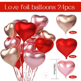 Heart Foil Balloons Pack of 24, Heart Balloons Wedding Red Pink Rose Gold, Heart Helium Balloons, Heart Balloons for Party, Birthday, Valentine's Day, Wedding, Engagement, Mother's Day (Red Pink Rose