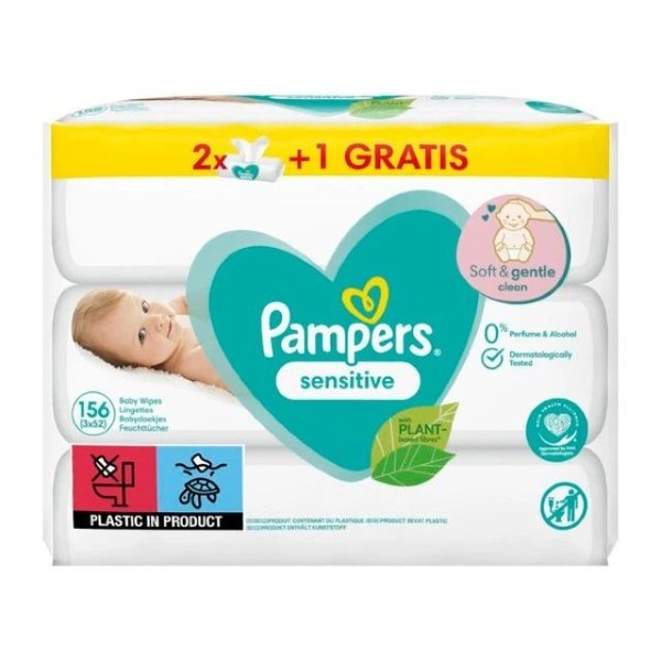 Pampers Baby Wipes Sensitive 3 x 52 Items (2+1 FREE)