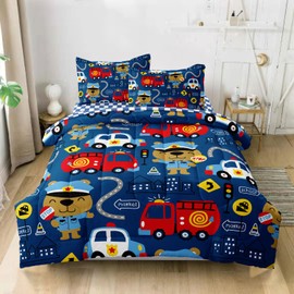 SIRDO Kids Cop Car Comforter Set for Little Boys, Fire Truck Police Car Bedding Set, City Traffic Bedding Collection Include (1 Comforter, 2 Pillowcases, 1 Fitted Sheet, 1 Flat Sheet), Blue