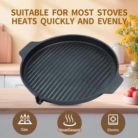 Korean Traditional BBQ Grill Pan, 13 Inch Round Non-stick Coating Smokeless BBQ Cast Aluminium Stovetop Griddle, Used for both Home and Indoor Outdoor Cooking Stoves, Made in Korea