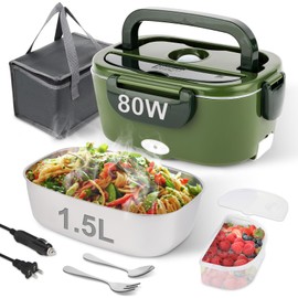NestDin 80W Electric Lunch Box for Adults, 1.5L Stainless Steel Food Warmer Lunchbox, 12V/24V/110V Portable Heated Lunch Box for Car/Truck/Office, Leak-Proof, Dishwasher-Safe with Insulated Bag(Green)
