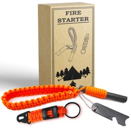 Bundle Survival Ferro Rod Fire Starter and Keychain Kit, Flint Steel Bushcraft Waterproof Thick Heavy Duty Style Handcrafted Magnesium Multi Tool with Striker, Paracord for Camping Hiking 4” x ½”